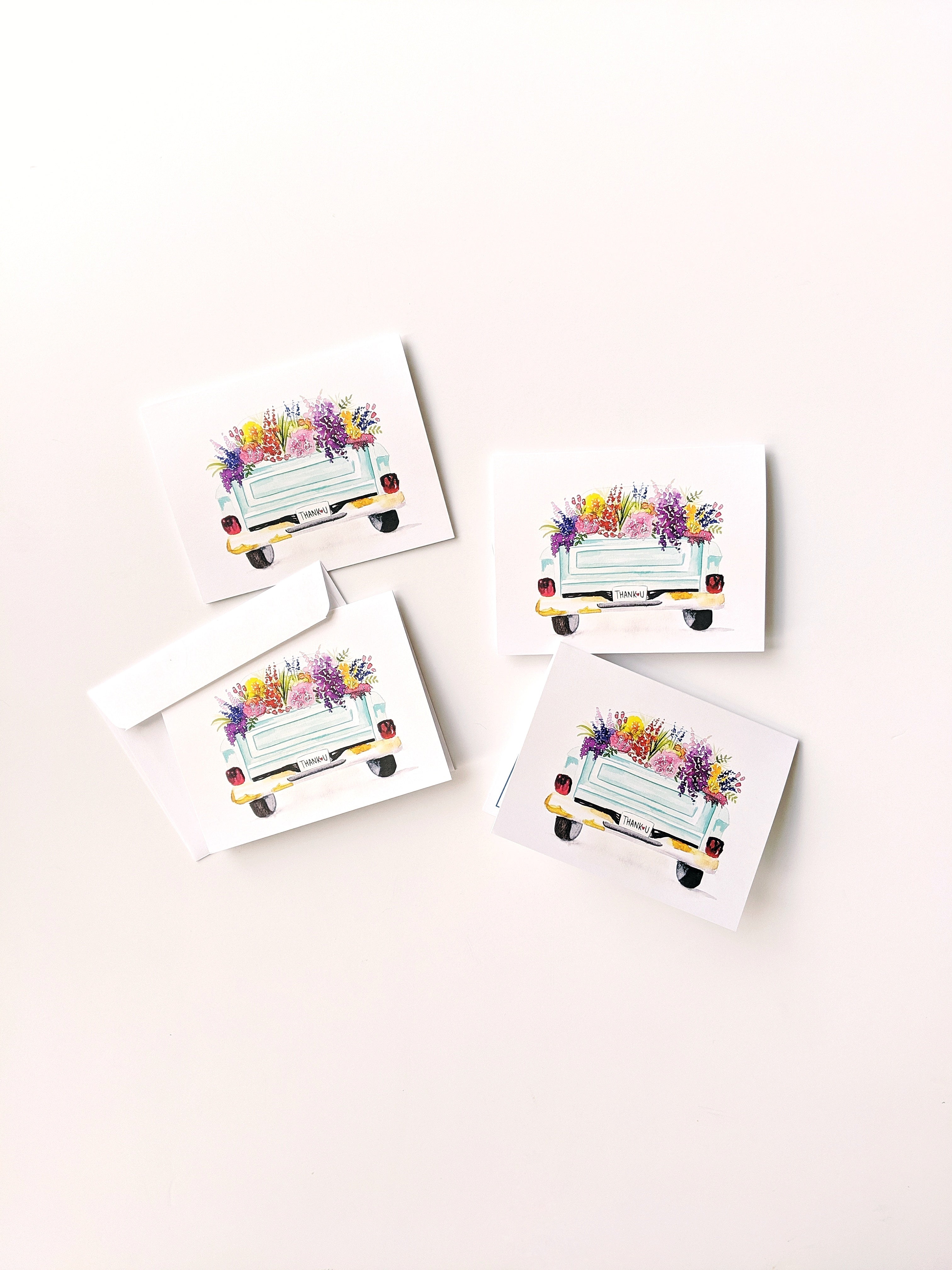 Watercolor Floral Truck "Thank You" Card Set